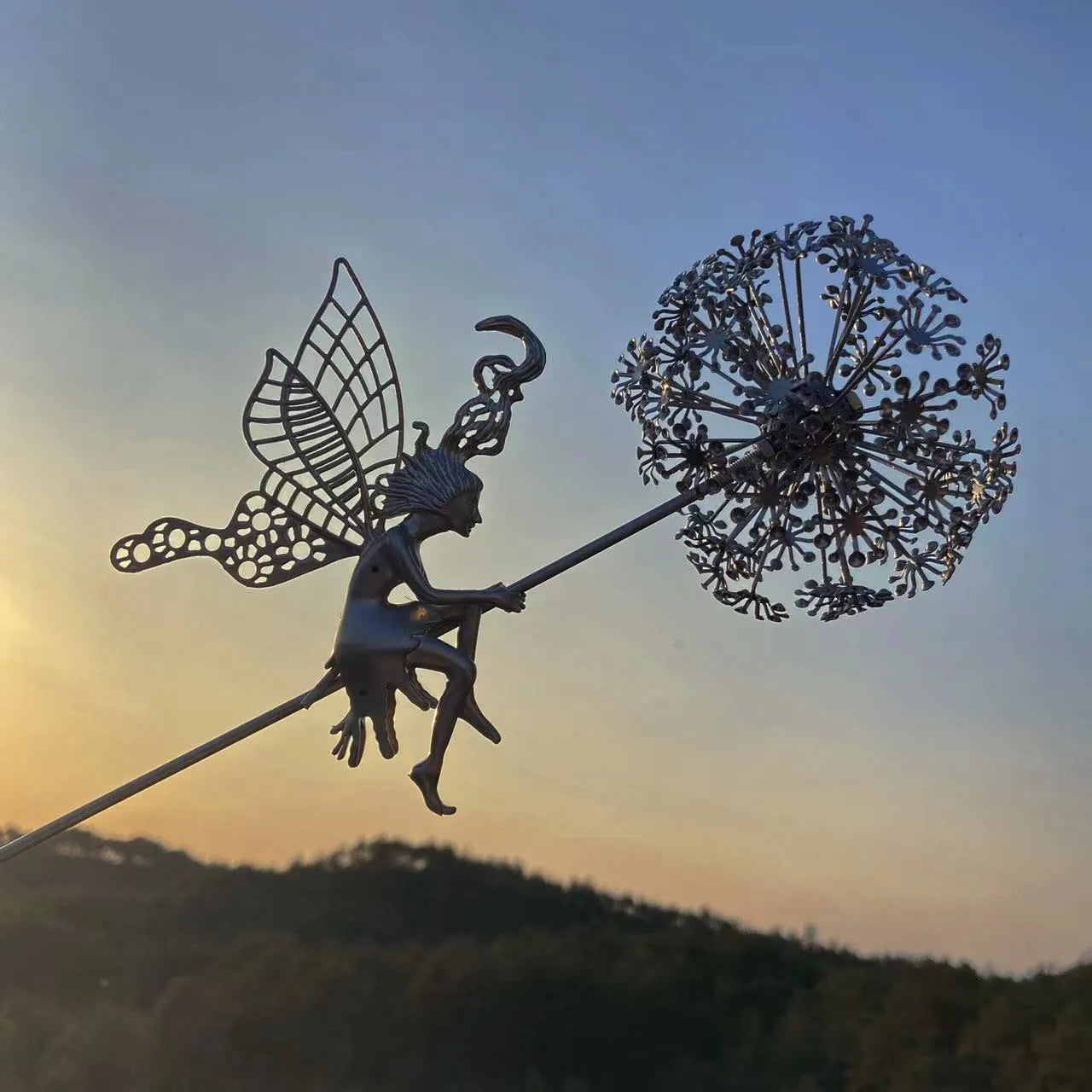 Fairies Angel With Dandelions Flowers Dance,Fairy Garden Decoration Outdoor,Sculptures & Figurines Inserted Soil Metal Craft