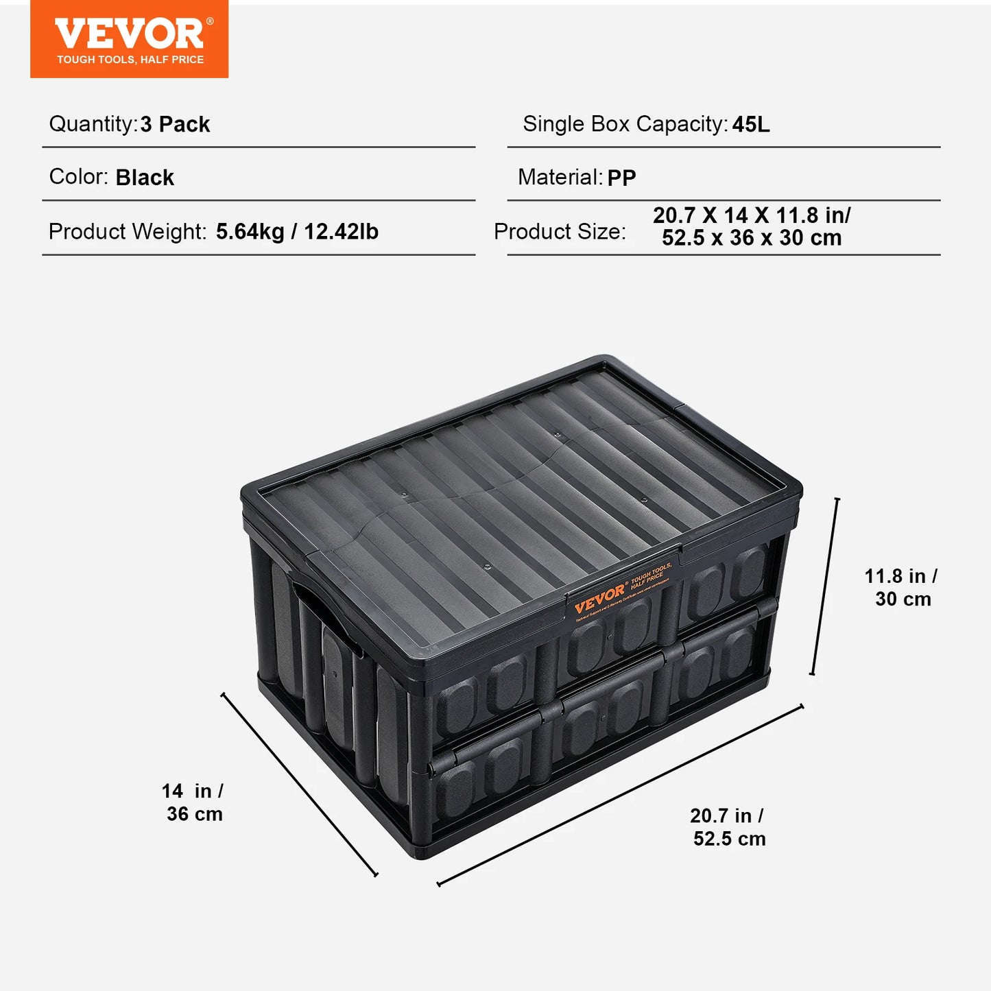VEVOR 45L/65L Collapsible Storage Bins Folding Stackable Utility Garage Crates with Lids Handles for Clothes Snack Toys Grocery