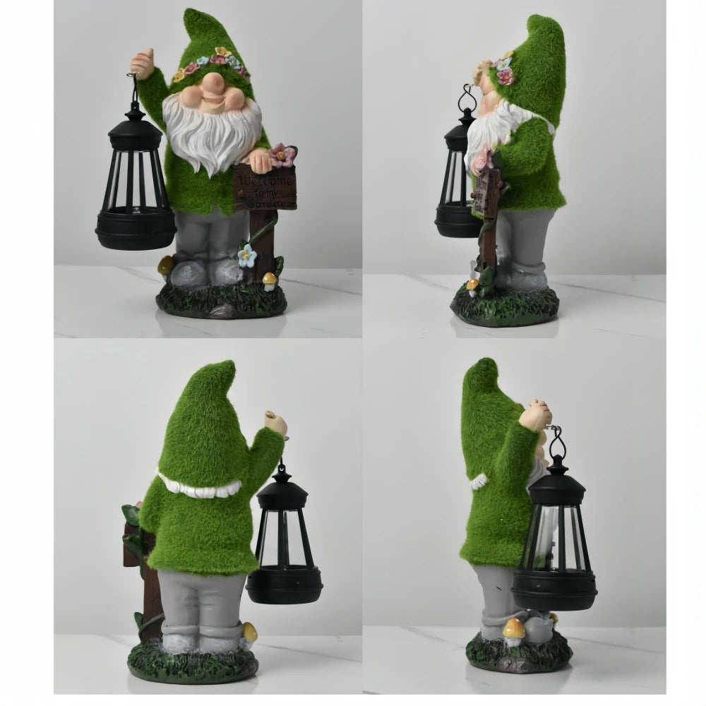 Flocking Gnome Statues with Solar Lantern Outdoor Resin Ornament Easter Garden Gnomes Funny for Yard and Patio Decor
