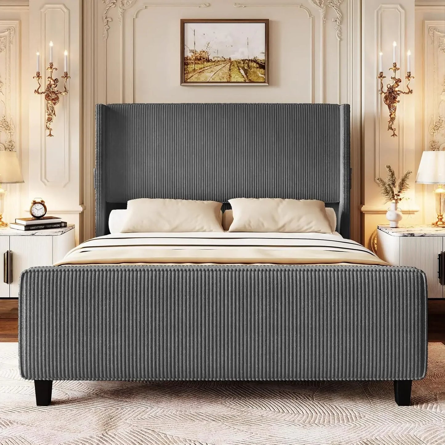 King Size Upholstered Bed Frame with USB Charging Ports - Tall Wingback Headboard & Footboard, Easy Assembly Design