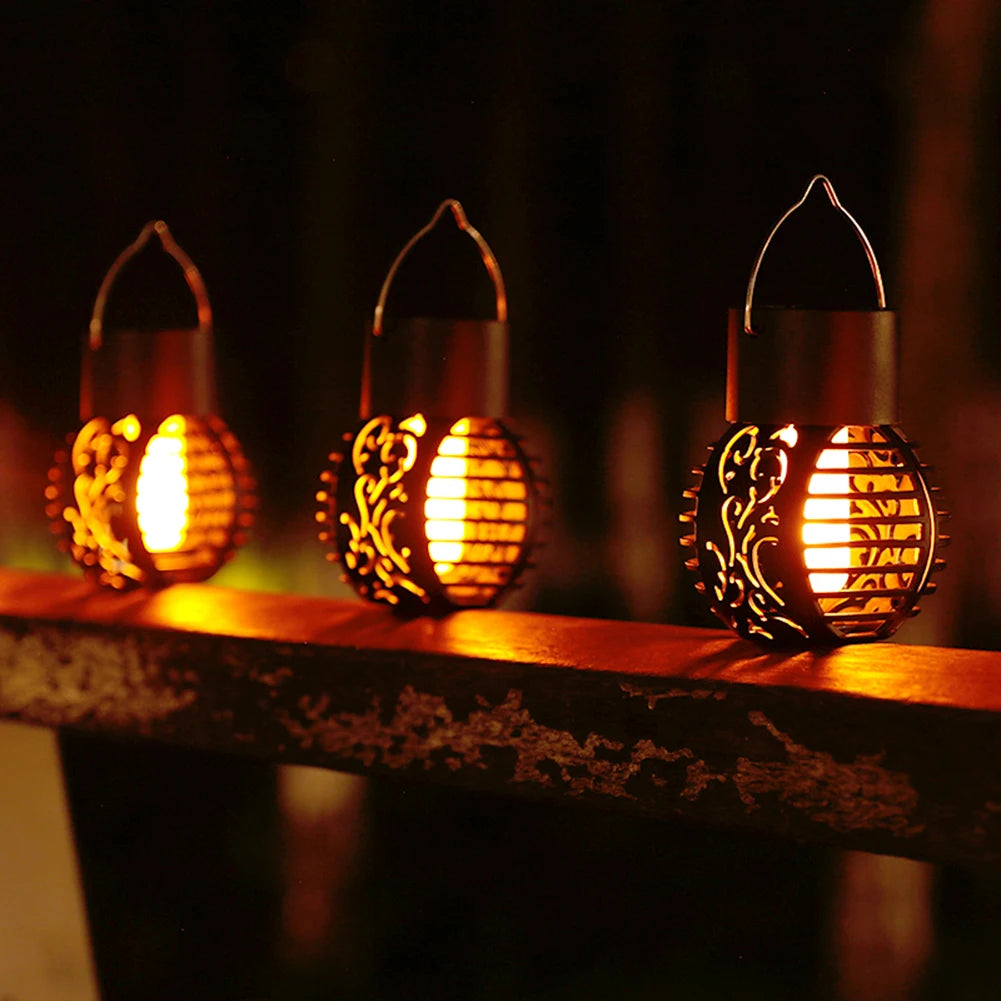 LED Outdoor Solar Light Garden Light Hanging Chandelier Lamp Hollow Garden Decoration Flame Lamp Solar Lantern Ornament