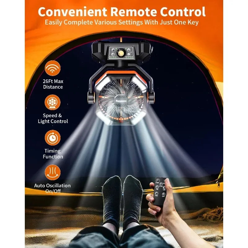 Camping Fan with  , Battery Operated with 4 LED Lantern, 8 Speeds Desk with Remote