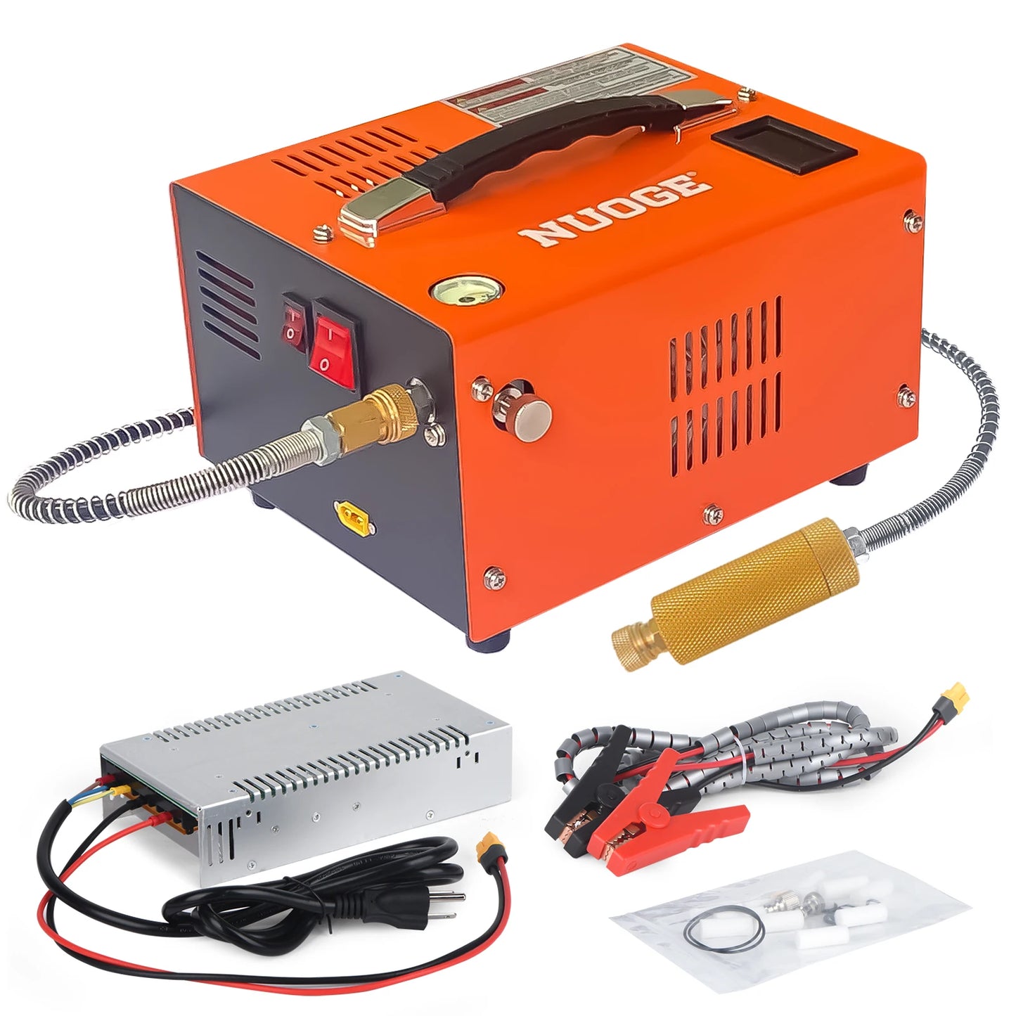 NUOGE 4500Psi 30Mbar Portable PCP Air Compressor Pump 12VDC/110V/220V Power Oil/Water-Free High Pressure Diving Bottle