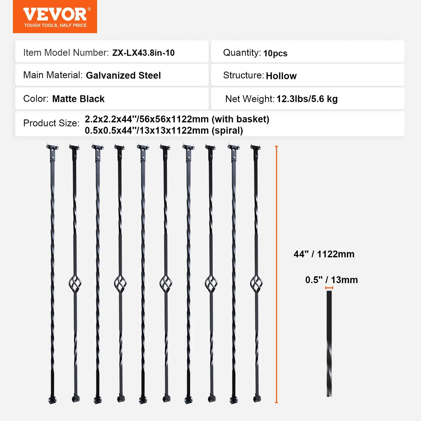 VEVOR Staircase Metal Balusters Galvanized Steel Decorative Banister Spindles with Hollow Baskets Spiral Stair with Shoes Screws