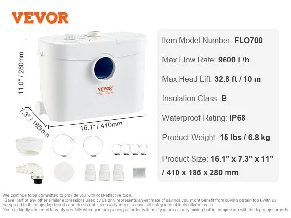 VEVOR Macerator Pump 700W 9600 L/h Flow 32.8 ft/10 m Head Sewerage Sump Pump with 3 Water Inlets for Waste Water Disposal Use