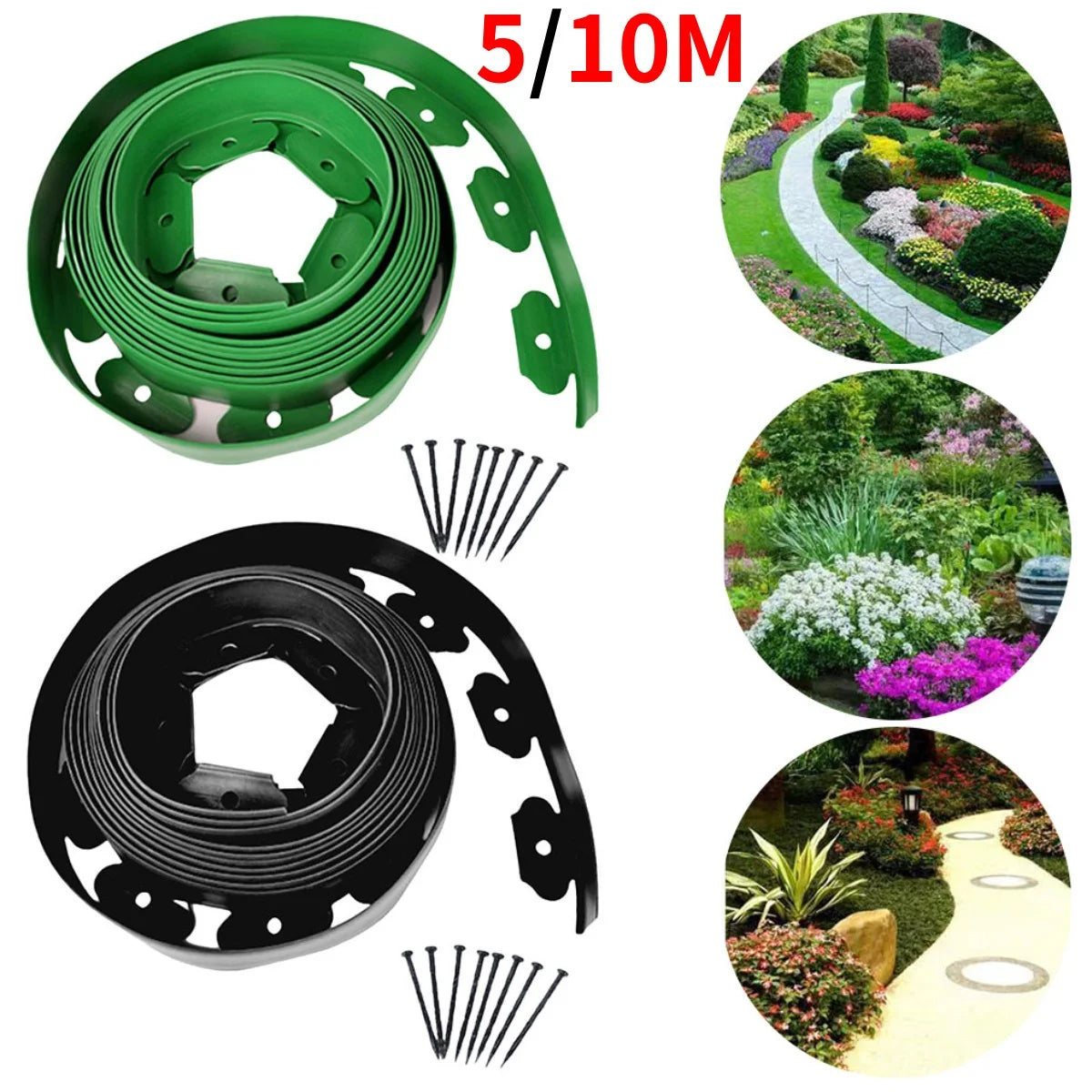 5/10M Fixed Garden Barrier Lawn Grass Edging Border Plastic Landscape Grass Stone Isolation Strip with 15/30 Anchoring Spikes 
