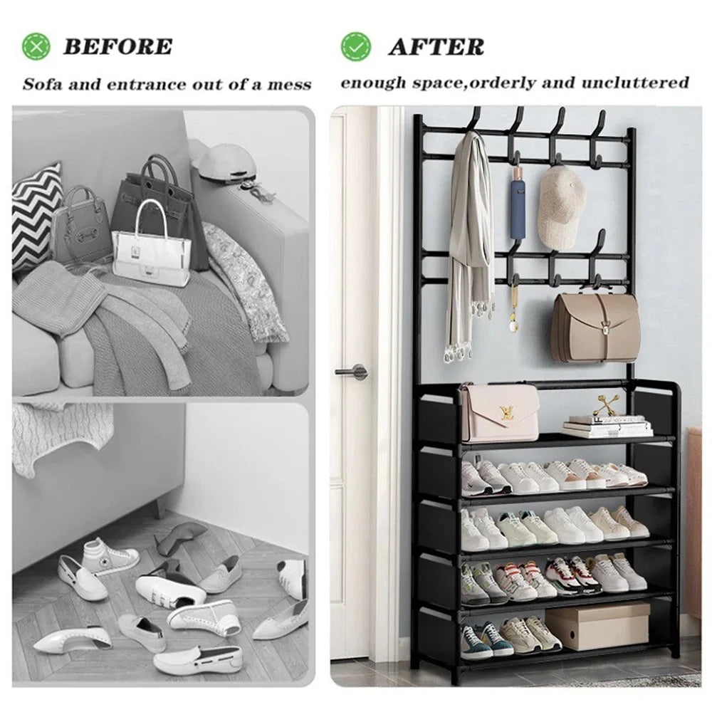 Coat Hat Stand 8 Hooks Metal Storage Shoe Rack 5 Tiers Shelf Hanger Shoes Shelf Living Room Storage Racks 80Cm Widen