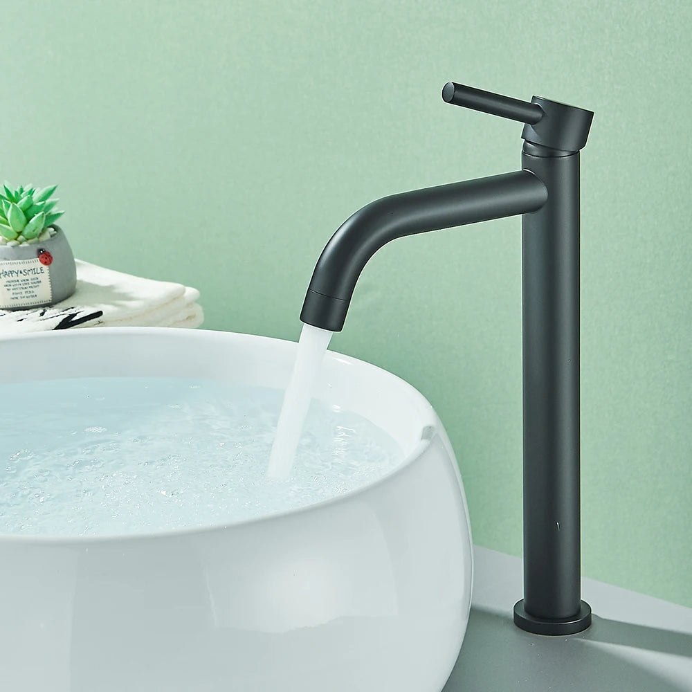 Quyanre Black Chrome Tall Basin Sink Faucet Slim Bathroom Washbasin Water Mixer Tap Hot Cold Water Basin Crane Tap Bathroom Tap