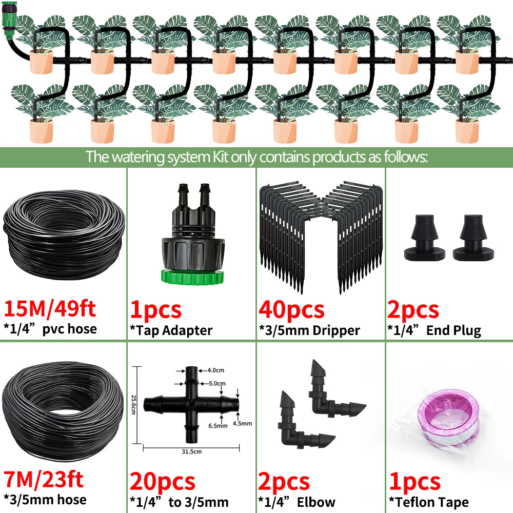 Greenhouse Drip Irrigation Kit Automatic Watering System Garden 4-Way 4/7mm to 3/5mm Hose Dripper for Pot Plant Vegetable Bonsai