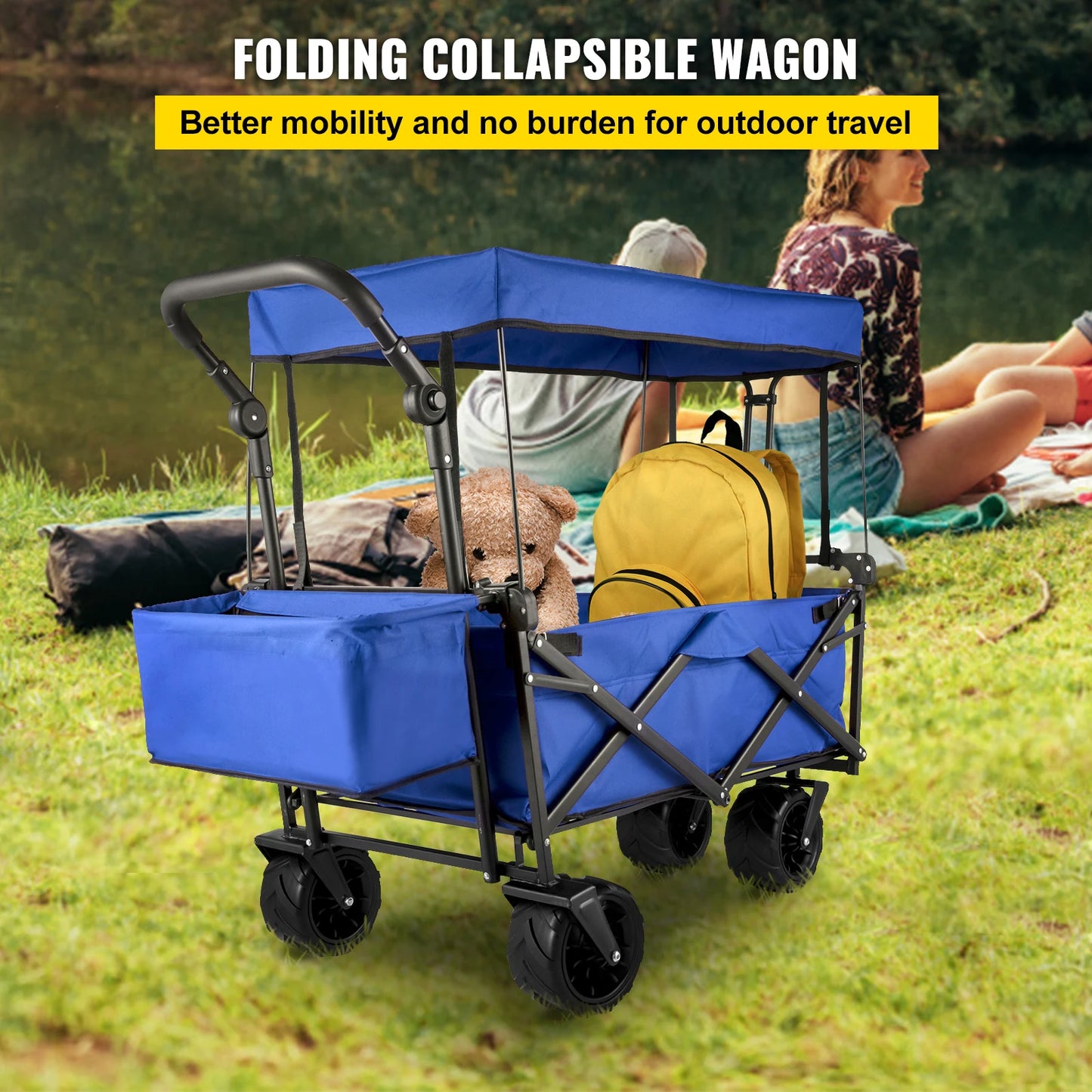 SucceBuy Folding Wagon Cart Adjustable Handle Bar Removable Canopy Oxford Cloth Collapsible Shopping Outdoor Camping Beach Cart