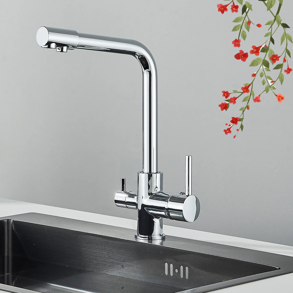 Pure Water Kitchen Faucet Chrome Stainless Steel Dual handle Hot Cold Water Mixer Tap Filtered Deck Mounted Torneira Crane Tap