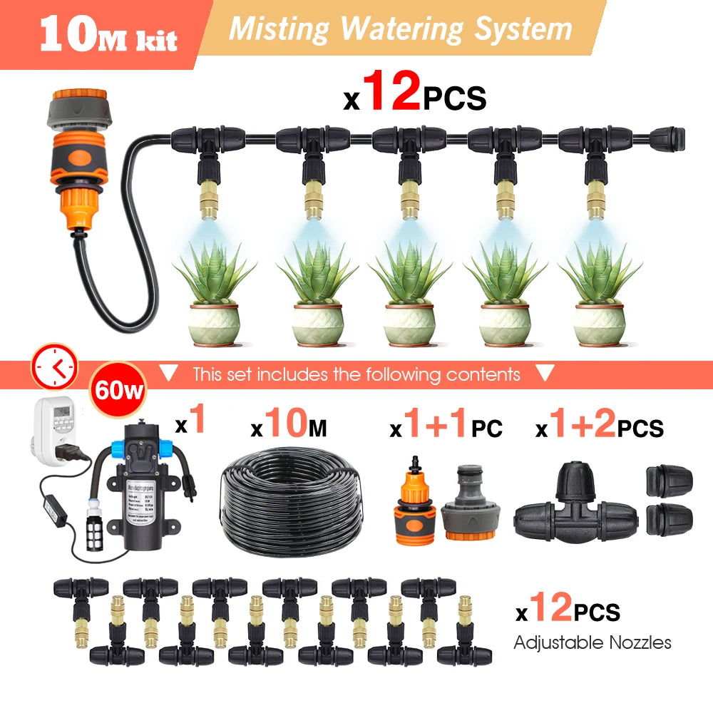 10-25M Garden Adjustable Brass Nozzle Misting 1/4" Watering System 60W Self-Priming Pump Automatic Cool Irrigation Equipment