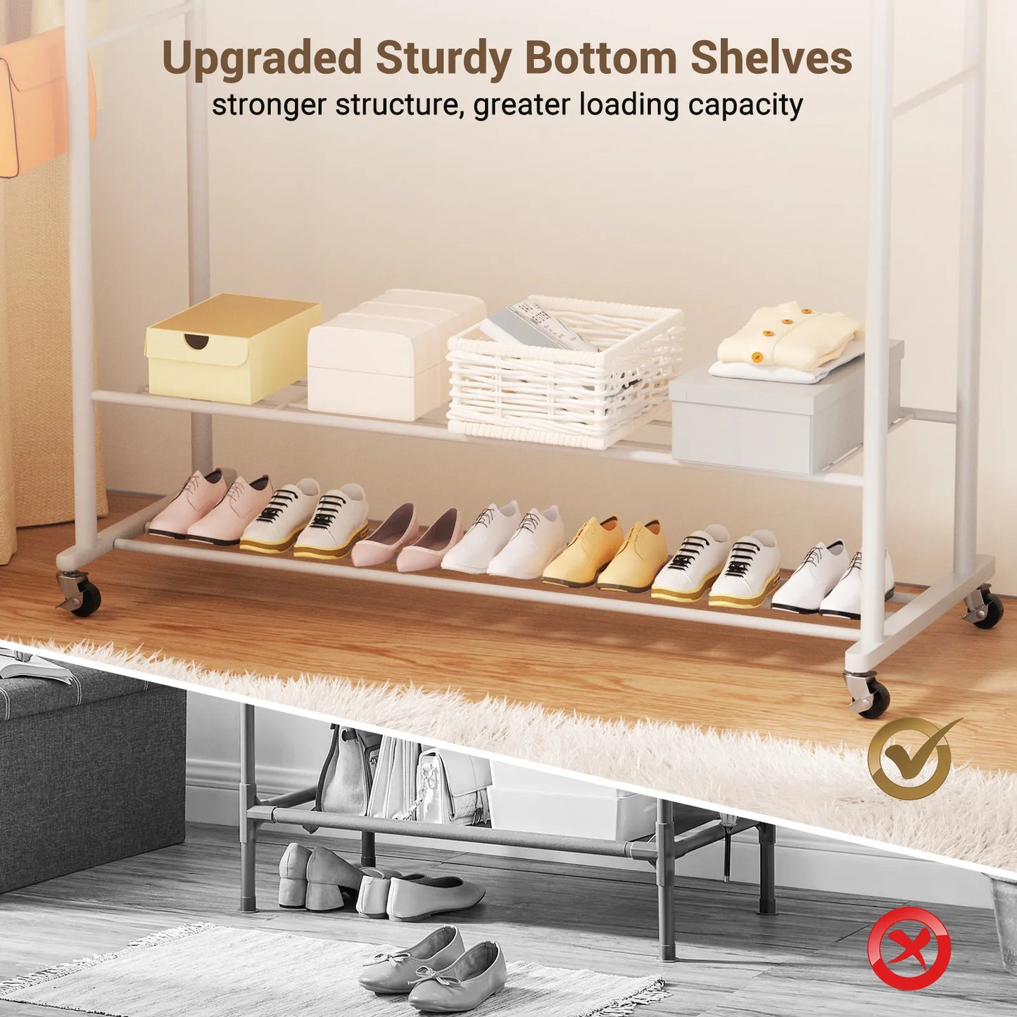 Loefme Wall Clothes Rack Double Rail Standing Clothes Rack Clothes Rail Shoe Rack Storage Shelf for Wardrobe Room Bedroom Living