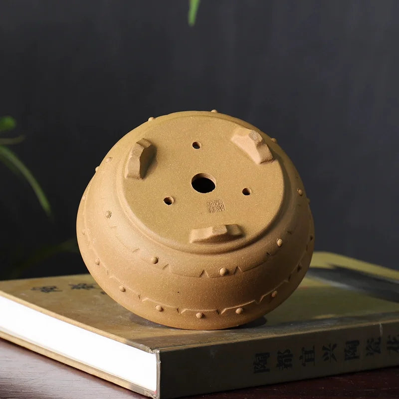 Ceramic Circle Drum-nail Pattern Bonsai Pot, Purple Sand,Traditional Chinese Dormitory Room Table, Garden Decoration, Home Table