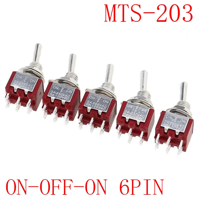 5Pcs Miniature Toggle Switch Single Pole Double Throw ON-OFF-ON /ON-ON 120VAC 6A 1/4 Inch Mounting MTS-102 103 202 203