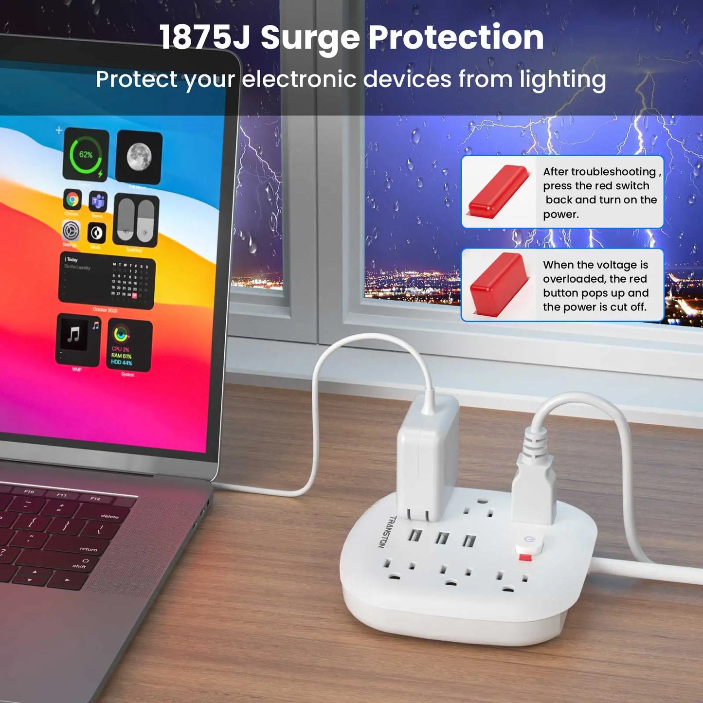TRANSTON Power Outlet with Surge Protector, 6 power strip 3 USB Ports,