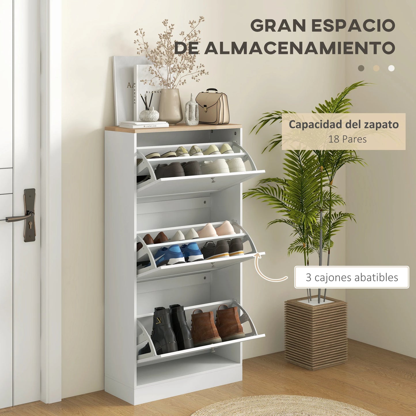Homcom Hallway Shoe Rack Furniture with 3 Folding Drawers 60X23.5X115Cm White