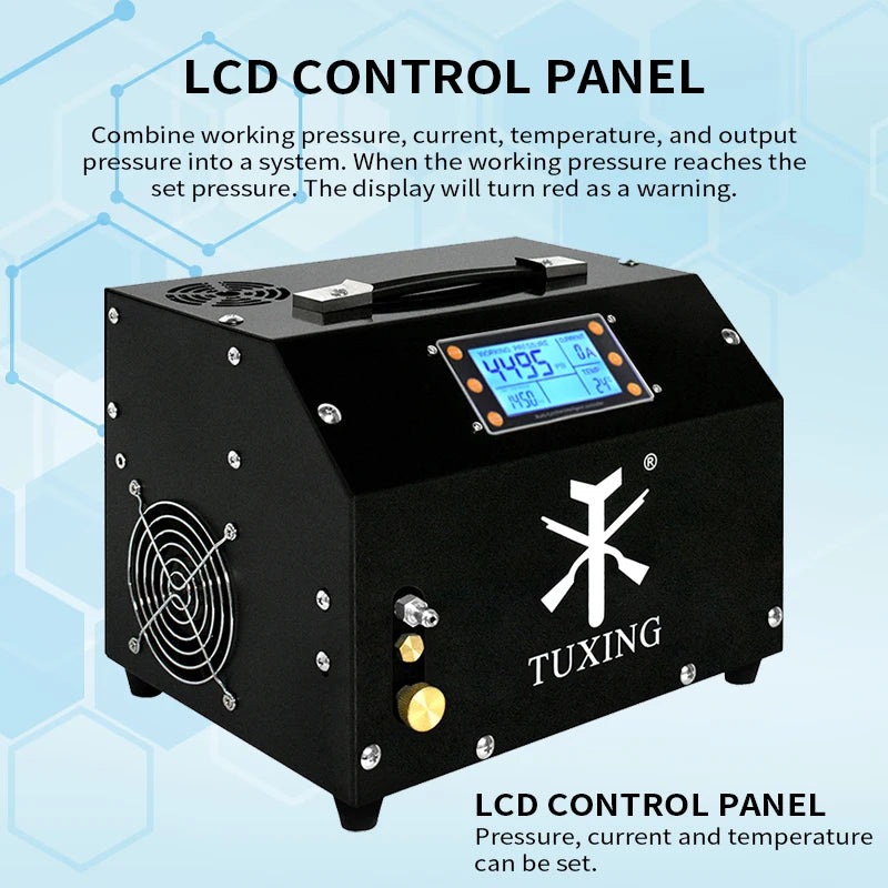 TUXING 4500Psi 300Bar PCP Air Compressor with LCD Display Digital Control Compressor Auto-Stop 12V Power Adapter for PCP Tank