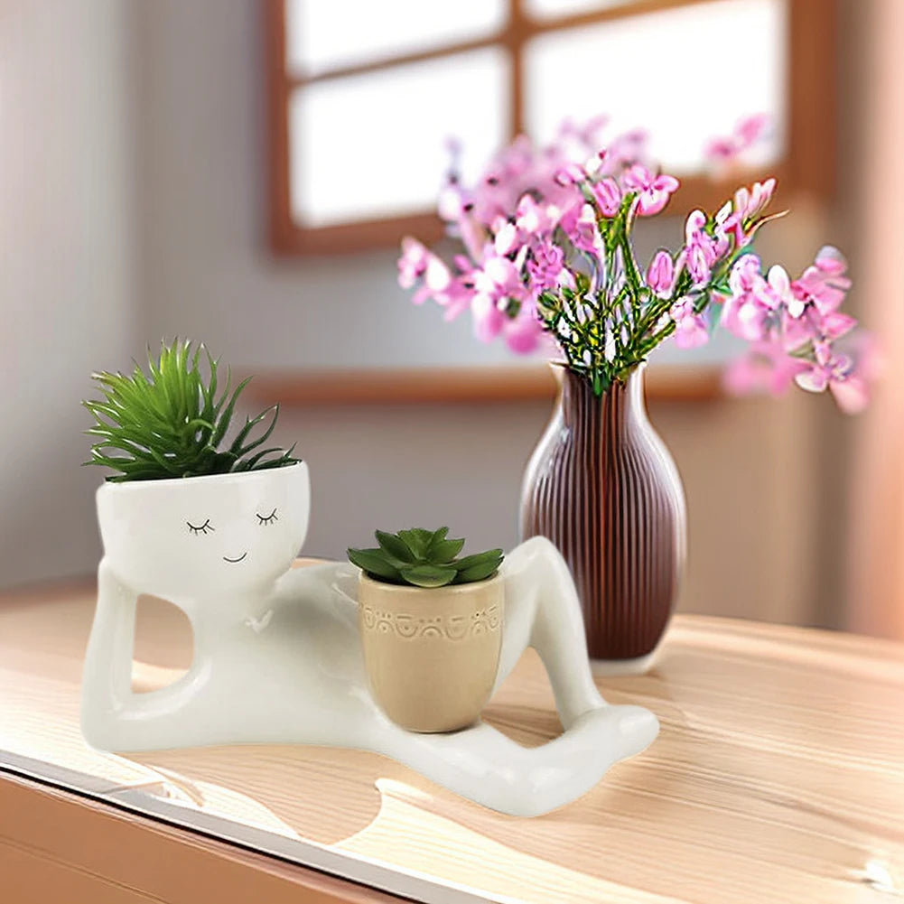 Relaxing Person Holding Pot Planter with Drainage Hole Funny Succulent Pot Resin Desktop Body Flower Pot Home Office Decor