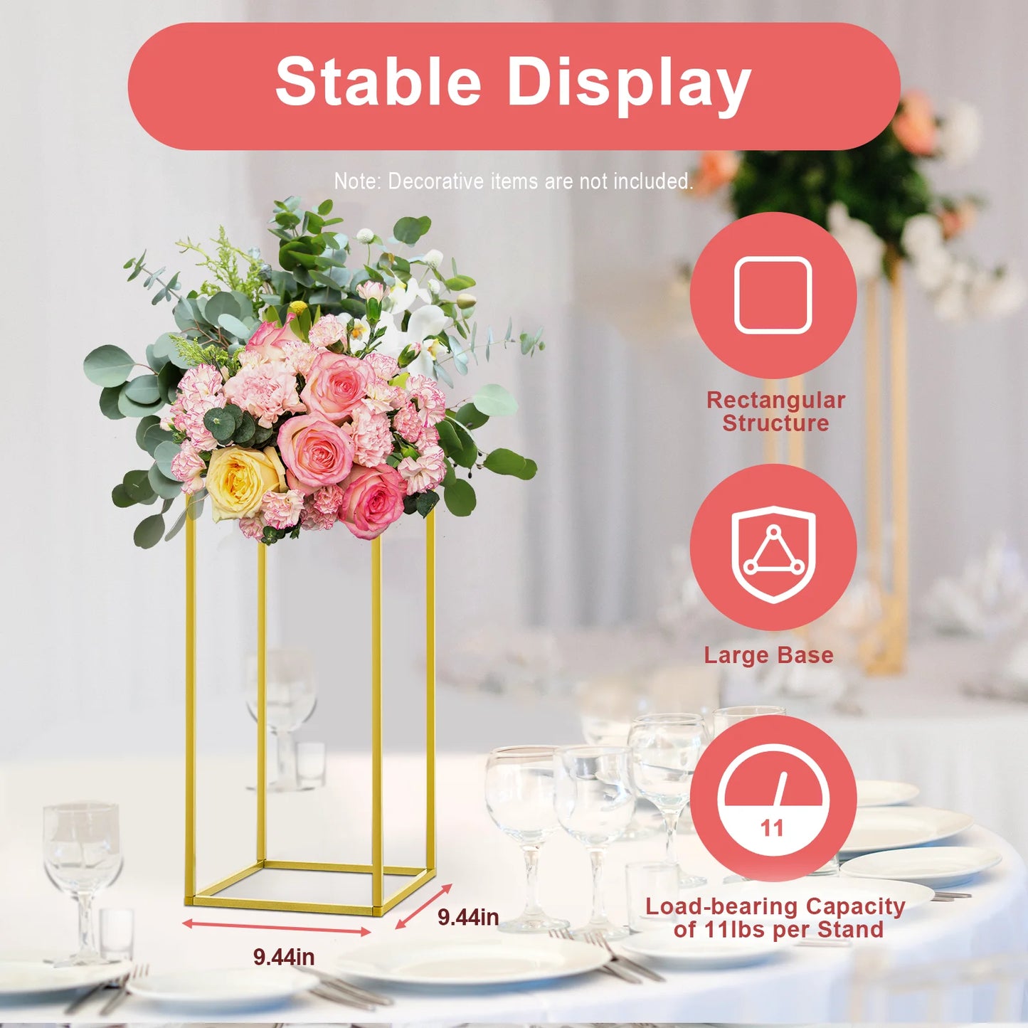 Gold Metal Wedding Flower Stand Set of 10, Modern Rectangular Floral Centerpiece, DIY Flower Holder for Events, Banquets