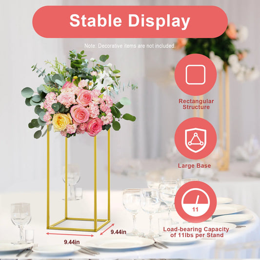 Gold Metal Wedding Flower Stand Set of 10, Modern Rectangular Floral Centerpiece, DIY Flower Holder for Events, Banquets