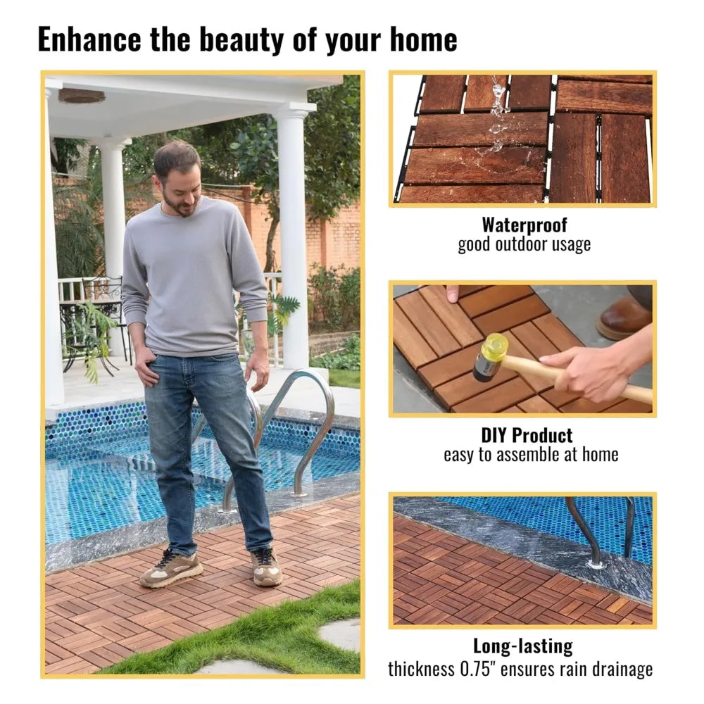 Acacia Wood Interlocking Deck Tiles-Waterproof Outdoor Floor All Weather Use, Patio Floor Decking Tiles for Porch Poolside