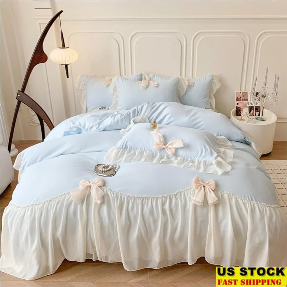 Ruffled Duvet Cover Set with Bowknot Tie and Zipper Closure Soft Microfiber Includes Pillowcases Chic Bedding Bedroom Decor