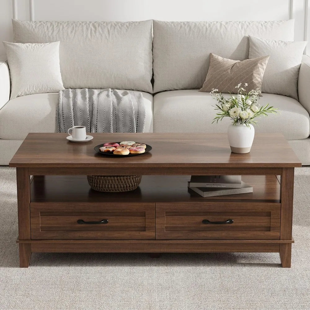 Farmhouse Coffee Table with Drawers, 47.2" Center Table Rustic Coffee Tables Walnut Center Table with Open Shelf