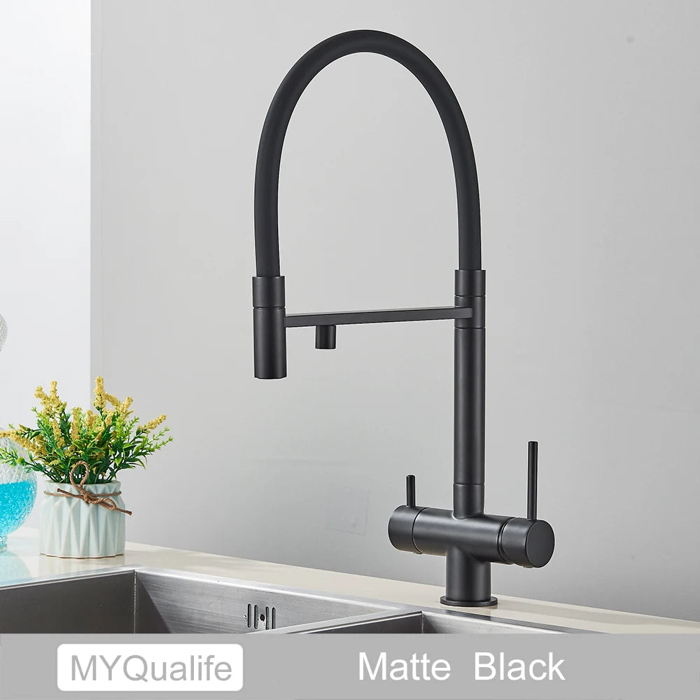 Black Filtered Kitchen Faucet Pure Water Pull Out Brass Sink Faucet Dual Handle Hot&Cold Drinking Water Purified Mixer Taps