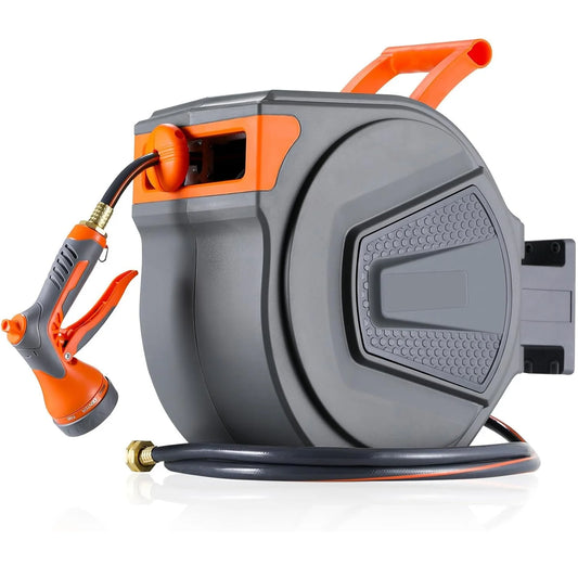 Retractable Garden Hose Reel 20/30M+2M UV Resistant Heavy Duty Automatic Hose Reel Wall Mount 1/2,3/4in Fitting 9 Pattern Nozzle