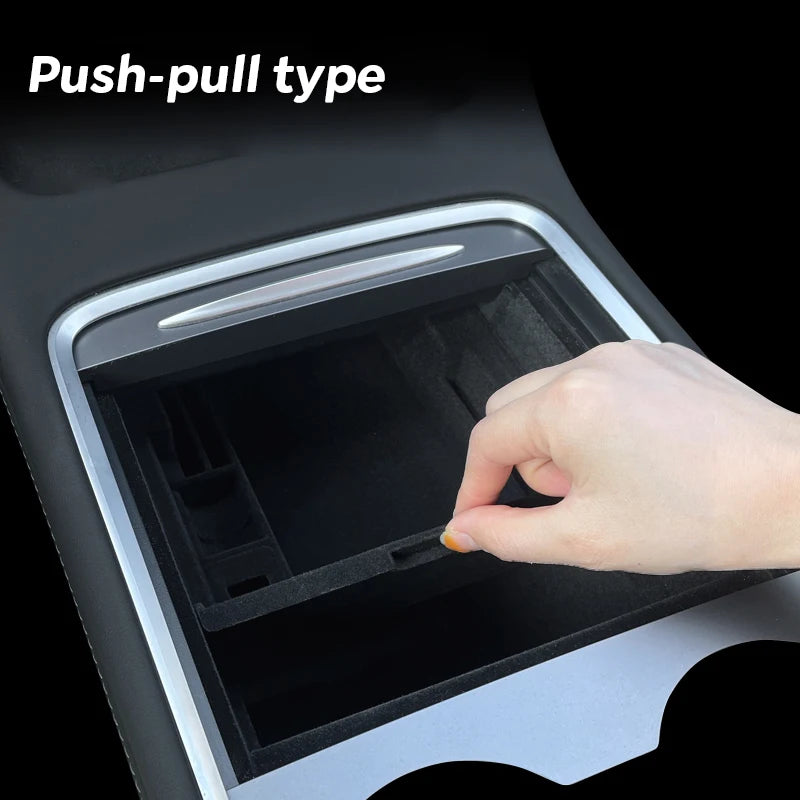 For Tesla Model Y 2020-2024 Hidden Storage Box Car Center Console Armrest Front and Rear Flocking Layer Container Slide