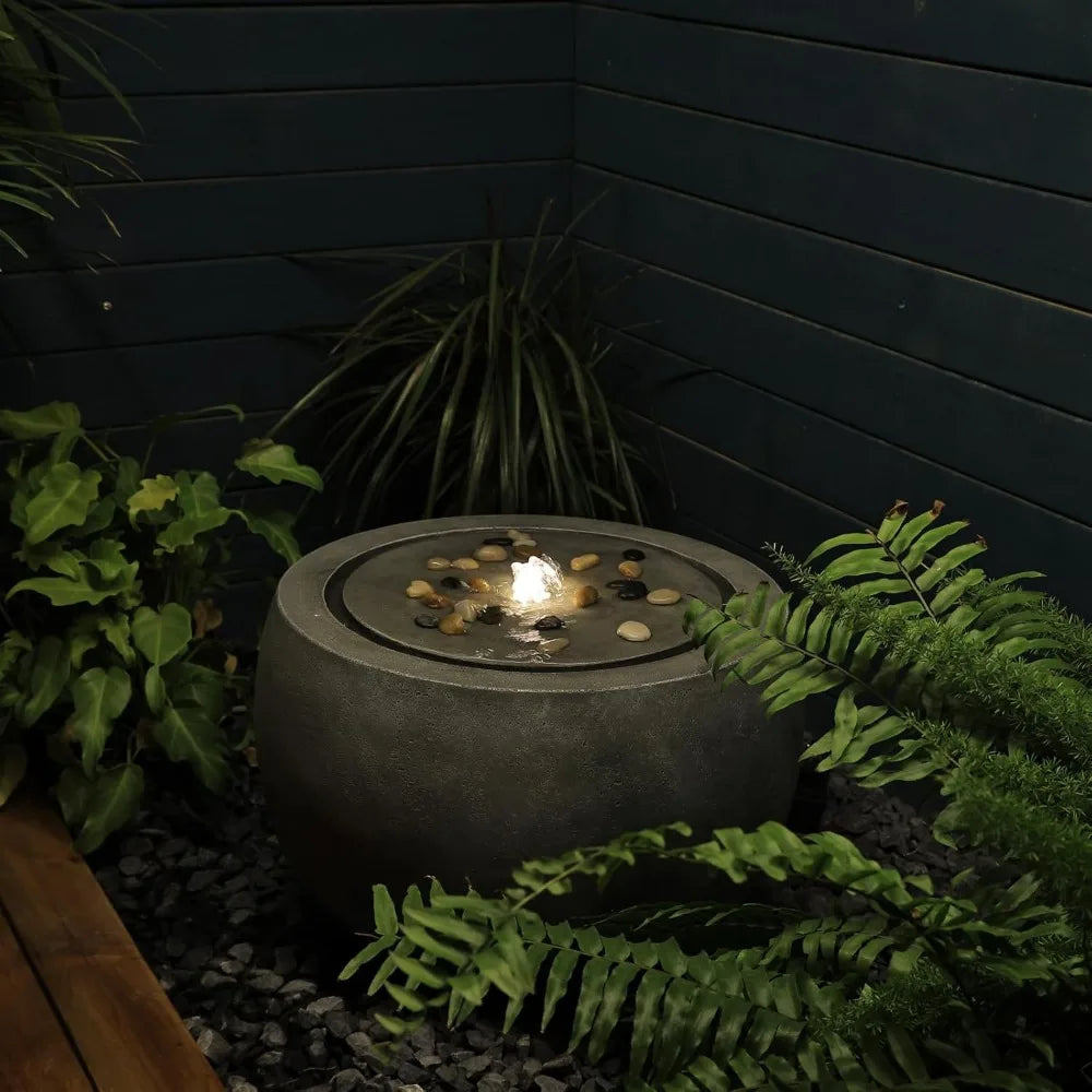 Garden Water Fountain Outdoor Water Feature Indoor with Lights & Pump and Pebbles,Round Flow Fountains Concrete Effect for Patio
