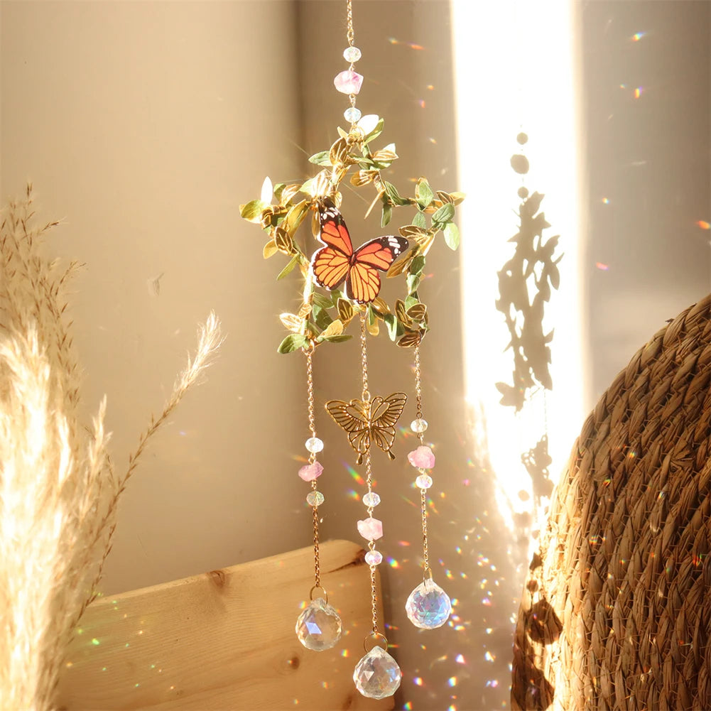 Crystals Wind Chime Star Moon Butterfly Hanging Ornament Sun Catcher Diamond Prisms Rainbow Maker Pendant Home Garden Decor