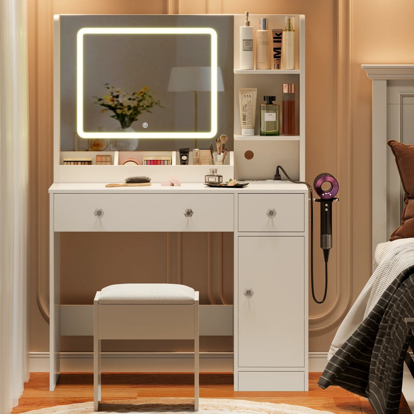 Satifur Vanity Desk with LED Lights Mirror and Power Outlets, Small Makeup Vanity Desk Stool Set with 4 Drawers, Dressing Table