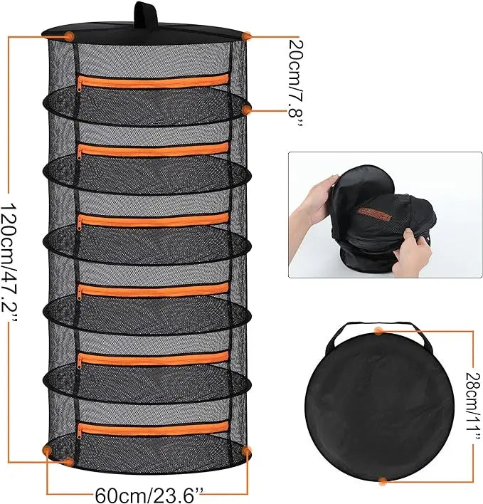 2ft Herb Drying Rack 2/4/6/8 Layer Folding Mesh Hanging Basket Dryer Net with Zippers for Seeds Flowers Buds Fit in Grow Tents