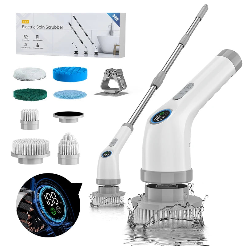 Electric Spin Scrubber Shower Scrubber Cordless Cleaning Brush with 7 Replaceable Brush Heads and Squeegee Adjustable Extension