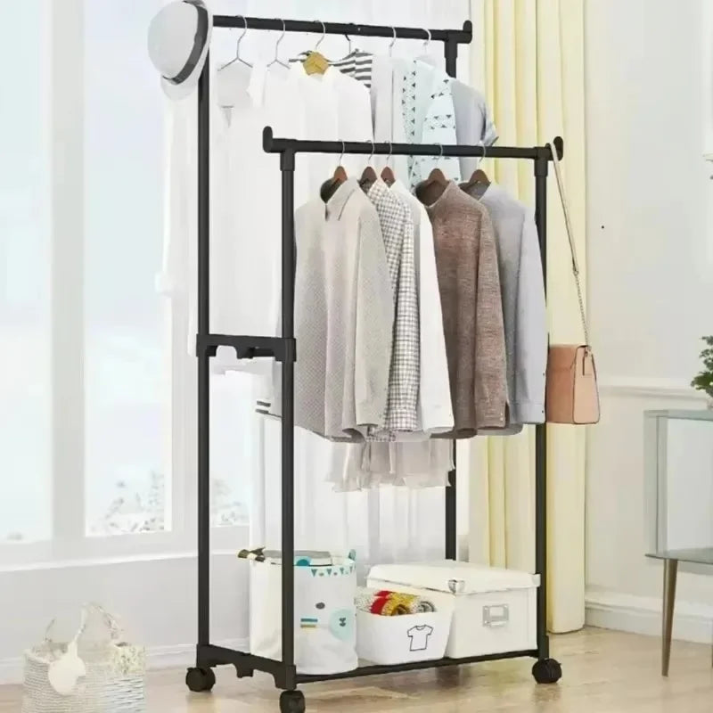Movable Double Rod Clothes Rack Wheels Heavy Duty Coat Shelf with Bedroom Floor Hangers Organizer Home Shoe Hat Storage Racks