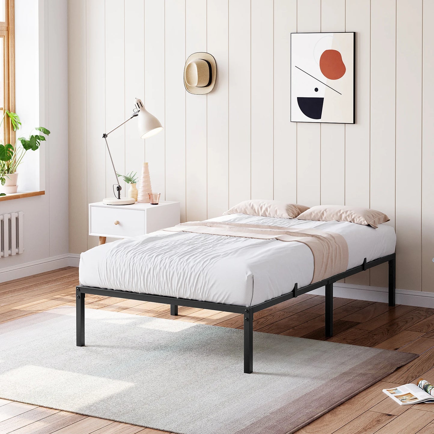 Twin/Full/Queen Size Modern Metal Bed Frame No Box Spring Needed Reinforced Steel Structure with Heavy Duty Metal Slats