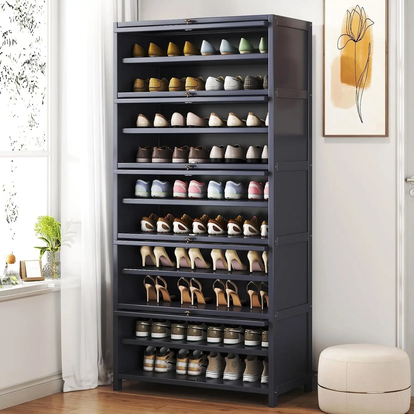 Tall Shoe Cabinet, 10 Tiers 40-45 Pairs Heavy Duty Bamboo Freestanding Shoe Storage Cabinet