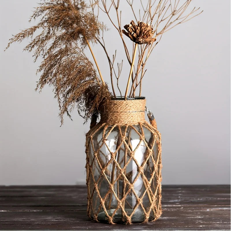Boho-Chic Handwoven Mesh Glass Vase - Portable, Transparent with Solid Pattern for Home Decor & Hydroponics