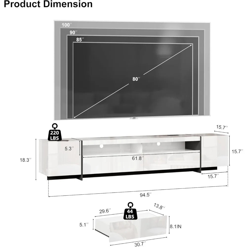 94.5" W TV Stand for Up to 100" TV, Modern Entertainment Center with LED Lights and Power Outlets, Media Console with Cabinet