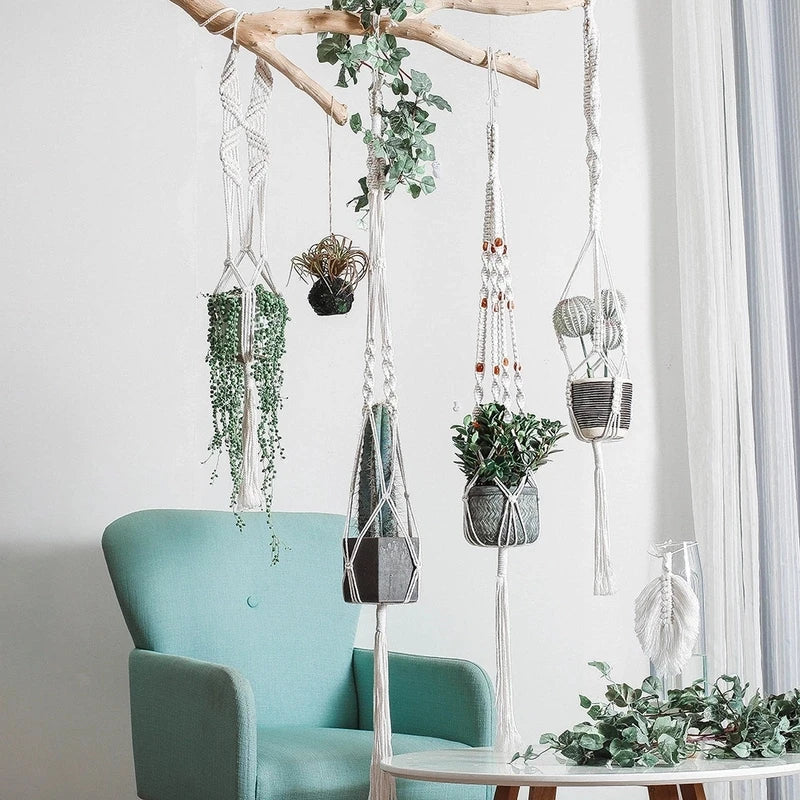 Gardening Green Plant Hanging Basket Cotton Rope Hanger Flower Pot Handmade Macrame Pot Pocket Wall Boho Courtyard Home Decor