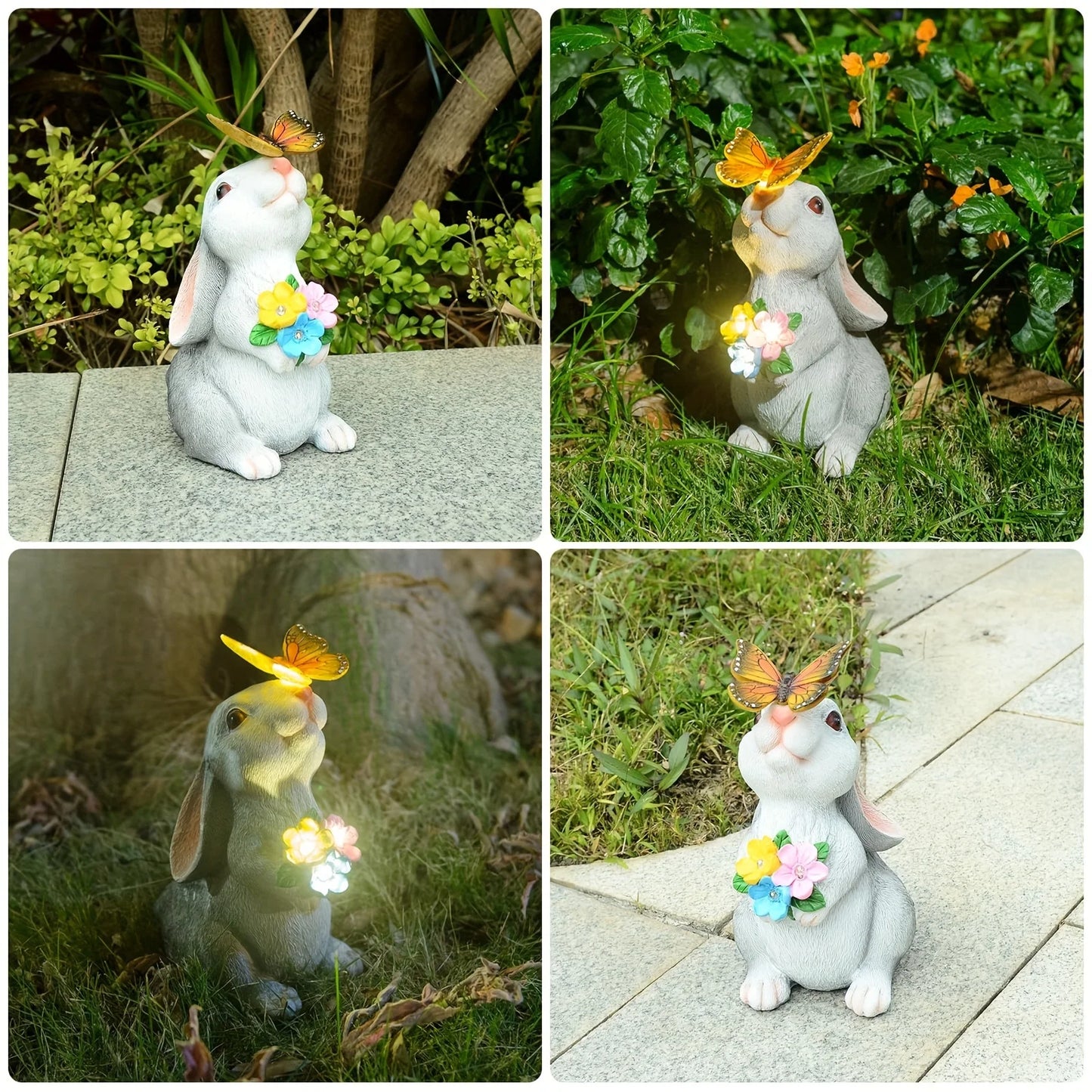 Outdoor Rabbit Statue Decoration With Solar Powered Butterfly Light Resin Art Deco Rabbit Figurine For Garden Lawn Patio