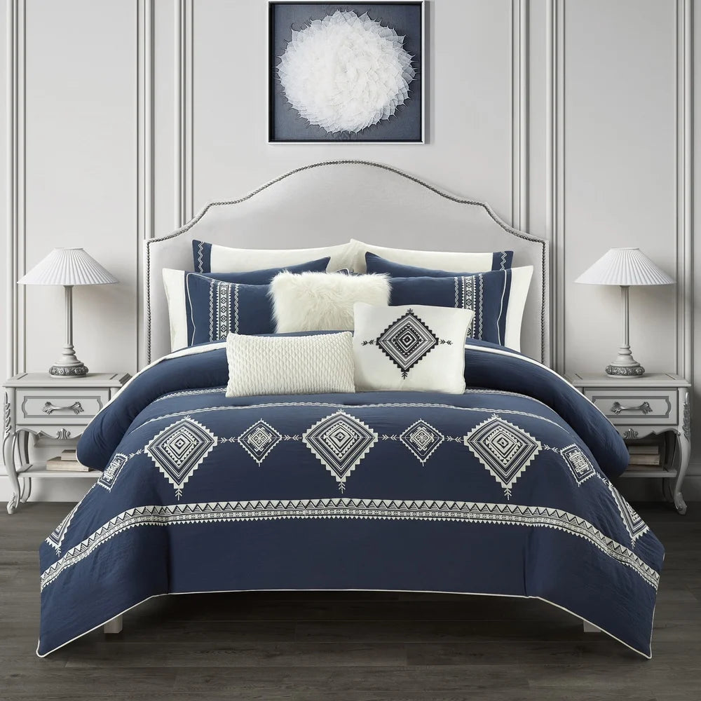 Navy 12-Piece Bed in a Bag Comforter Set with Sheets Decorative Pillows Soft Fabric Queen Bedding Set Machine Washable Durable