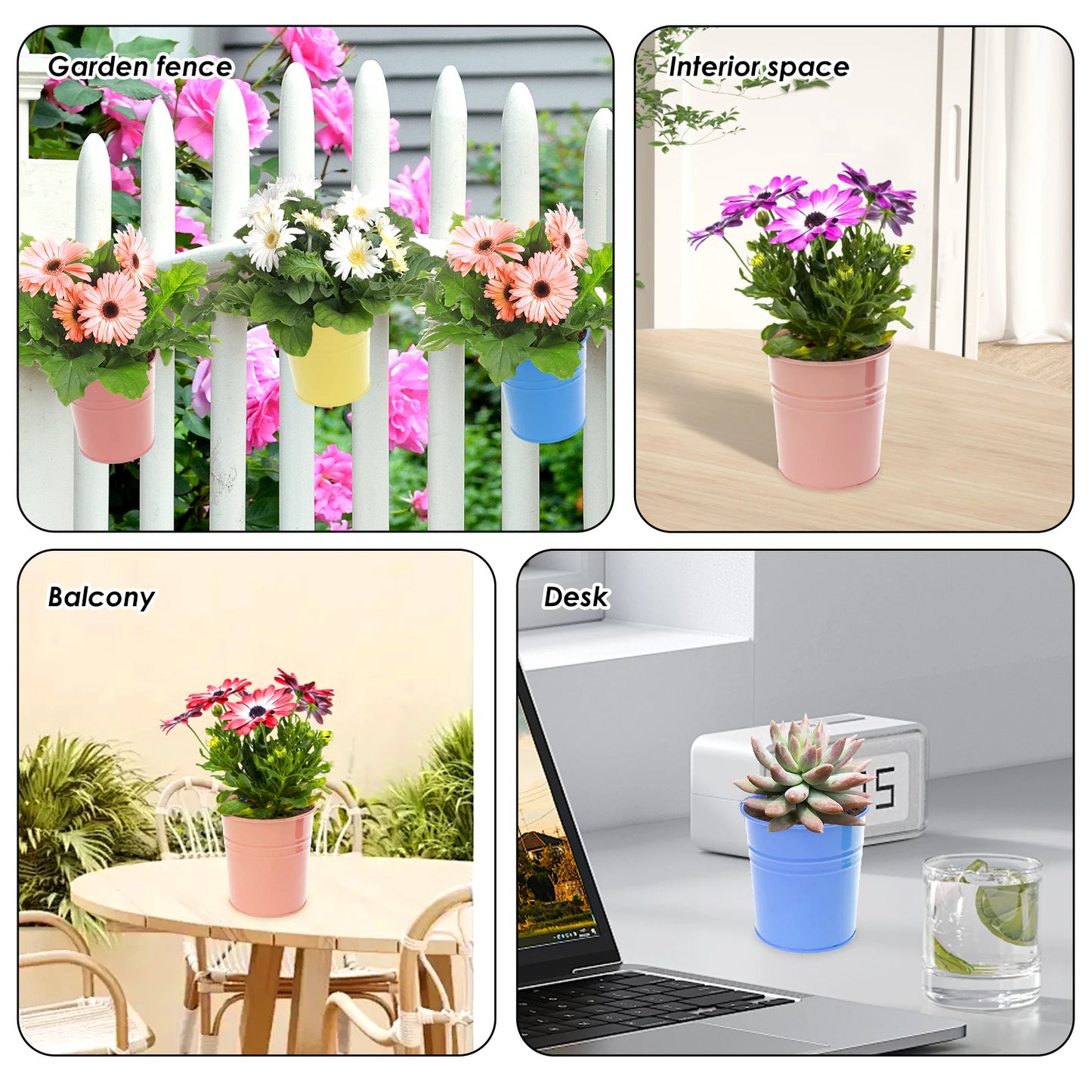 5Pcs Metal Hanging Flower Pots Hook Bucket Garden Planter Pots with Drainage Hole Balcony Garden Office Planter Home Decor