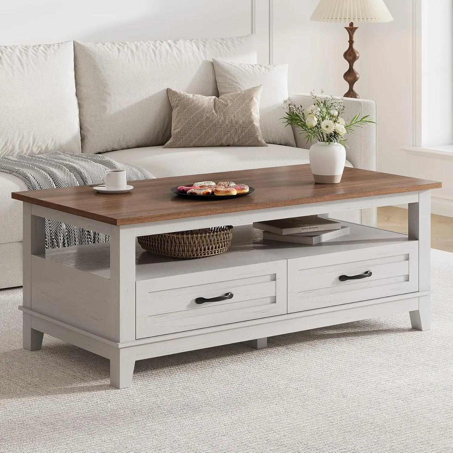 Farmhouse Coffee Table with Drawers, 47.2" Center Table Rustic Coffee Tables Walnut Center Table with Open Shelf