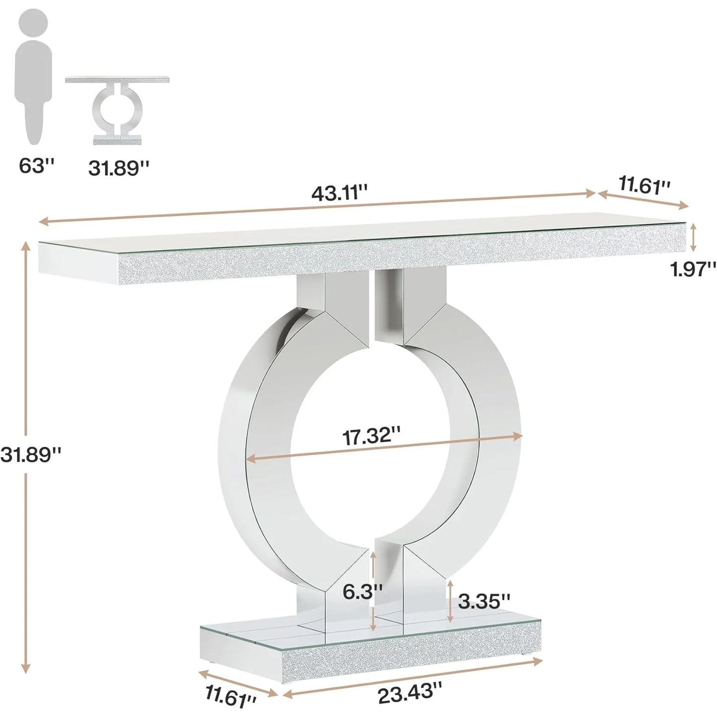 Mirrored Console Table with O-Shaped Base, Entryway Table Glass Sofa Table with Mirror Finish, Rectangle Accent Foyer Table