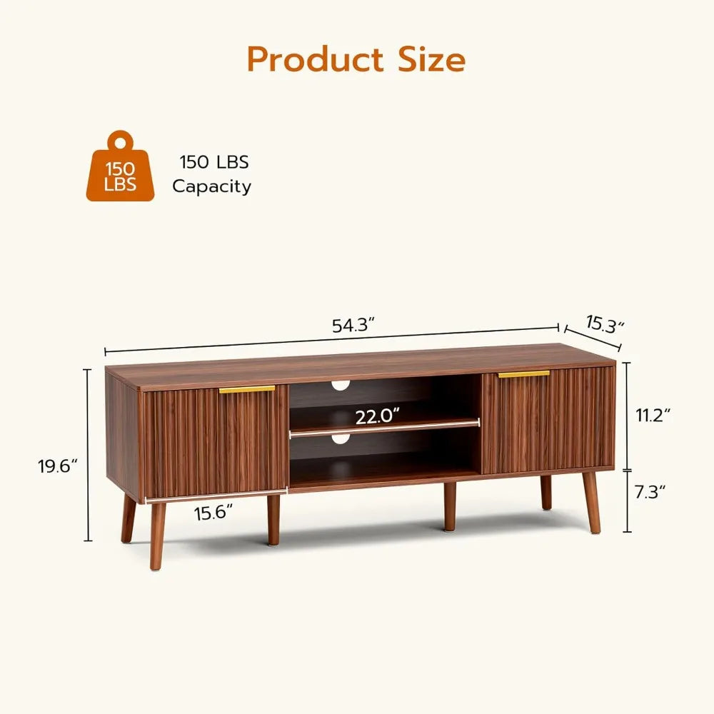 TV Stand for Living Room, Mid Century Modern Entertainment Center TV, TV Console with Fluted Door Cabinets and Open Shelves