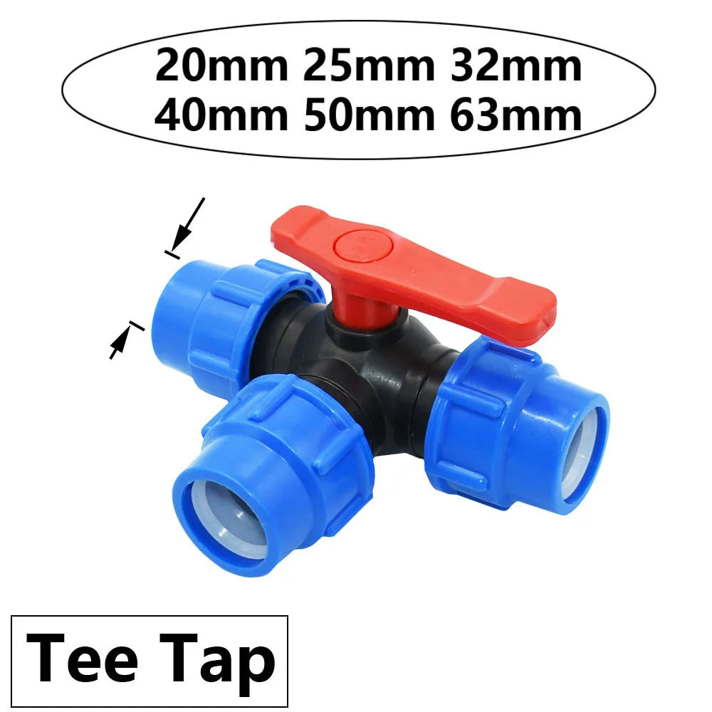 20/25/32/40/50/63mm PE Pipe Quick Connector Valve Tee Elbow Direct End plug Garden Tap Plastic Valve T-type Water Splitter