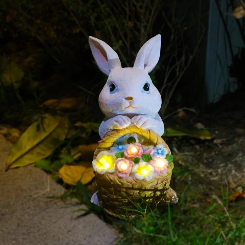 Solar Garden Statues Rabbit & Flowers Decor Outdoor Indoor with LED Light Mothers Day Gardening Gifts Bunny Lawn Statue Ornament